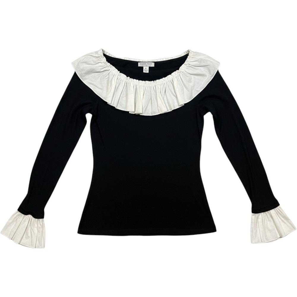 Alberto Makali Womens Black White Ruffle Collar Cuffs Long Sleeve Top Large